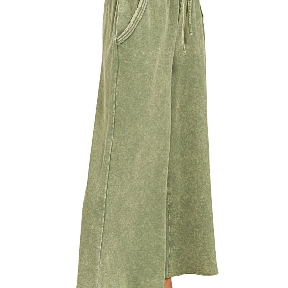 Zenana Mineral Washed French Terry Palazzo Pants with Pockets, Light Olive - Picture 2 of 4